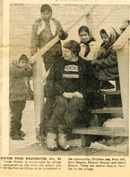 Elfriede with Grayling kids outside the school, April 4, 1966.