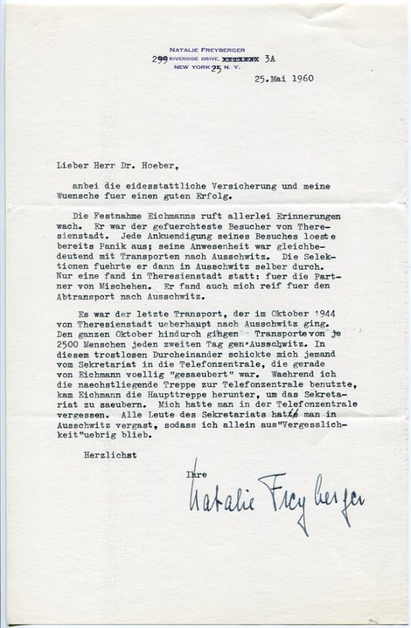 Letter from Natalie Freyberger to Johannes U. Hoeber, May 25, 1960.
